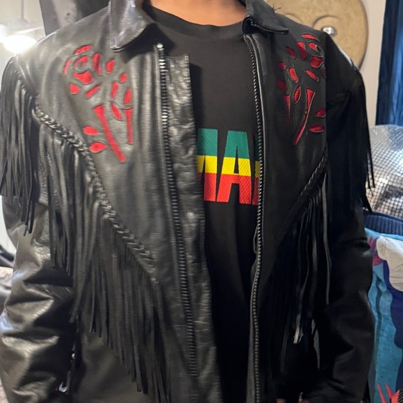 Vintage Unik Leather Fringe Motorcycle Coat for Men / Women Size Large w/ Liner - Picture 10 of 11